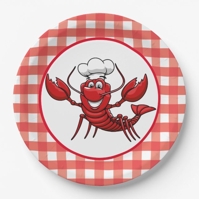 Cute Lobster party red check Paper Plate (Front)