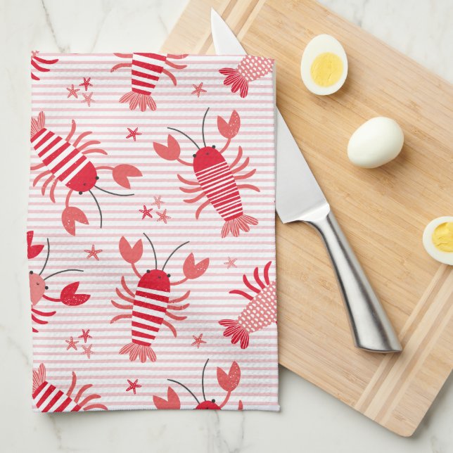 Cute lobsters on light pink and white stripe tea towel (Quarter Fold)
