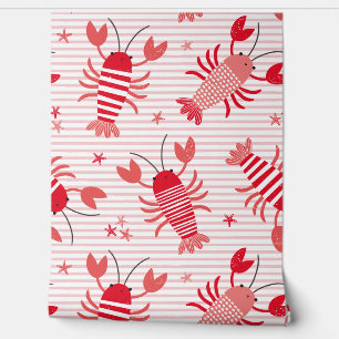 Cute lobsters on light pink and white stripe wallpaper