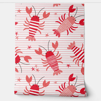 Cute lobsters on light pink and white stripe wallpaper