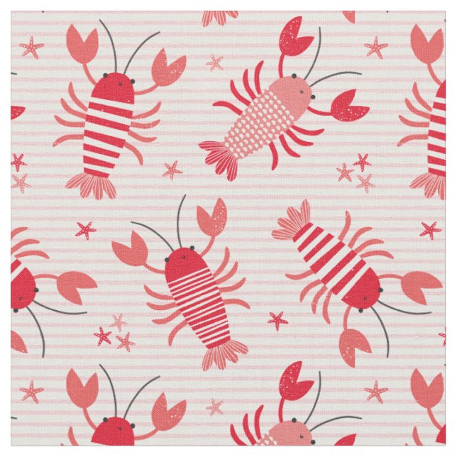 Cute Lobsters on light pink white stripe Fabric (Close Up)