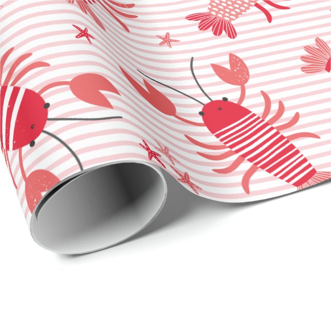 Cute lobsters on light pink white stripe wrapping paper (Roll Corner)