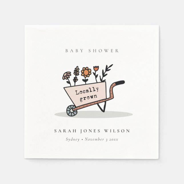 Cute Locally Grown Blush Floral Cart Baby Shower Napkin (Front)