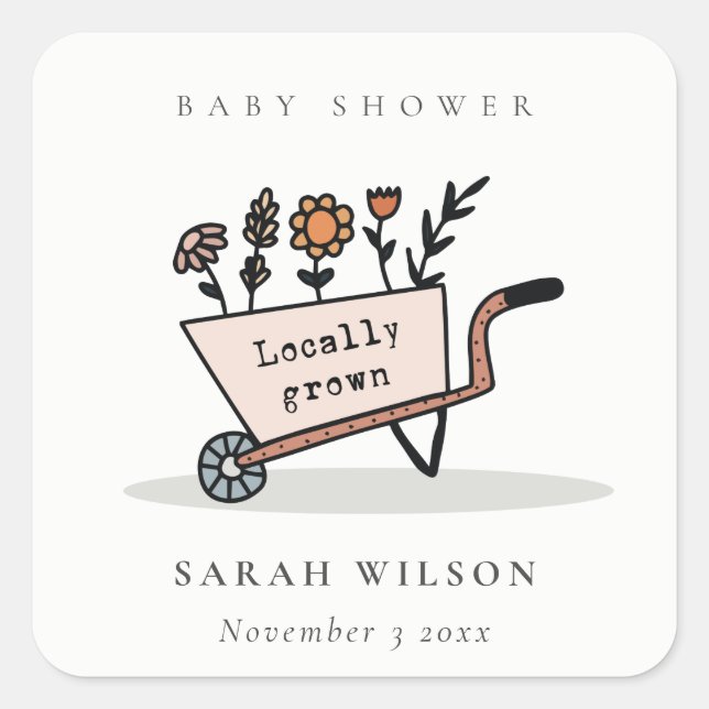 Cute Locally Grown Blush Floral Cart Baby Shower Square Sticker (Front)