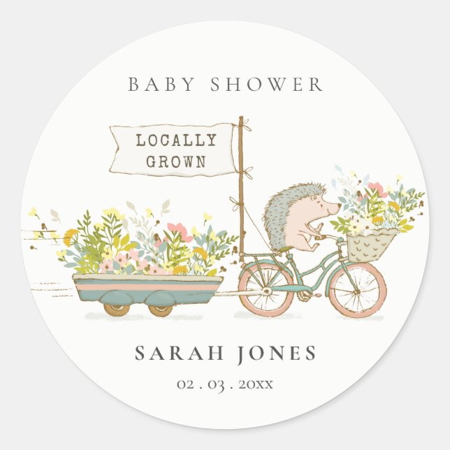Cute Locally Grown Hedgehog Flora Bike Baby Shower Classic Round Sticker (Front)