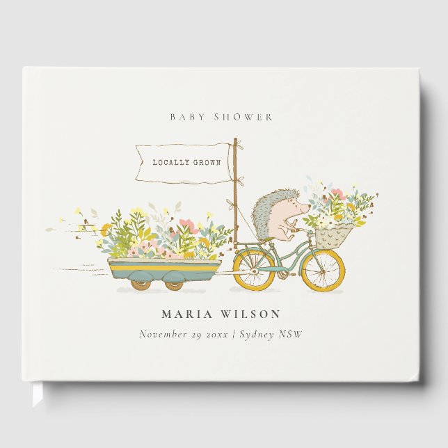 Cute Locally Grown Hedgehog Flora Bike Baby Shower Guest Book (Front)