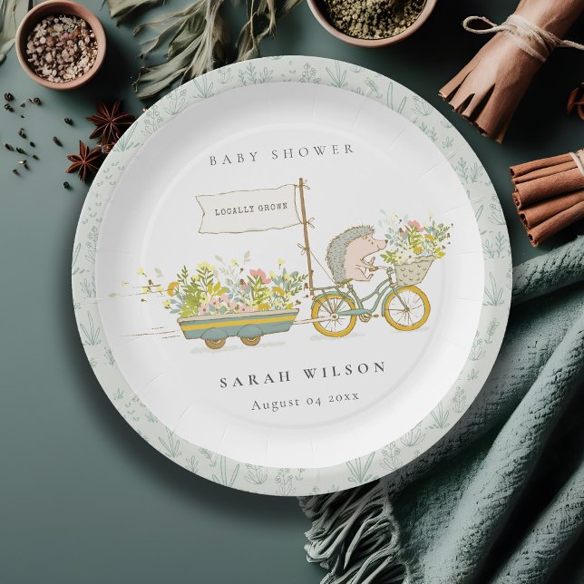 Cute Locally Grown Hedgehog Flora Bike Baby Shower Paper Plate (Creator Uploaded)