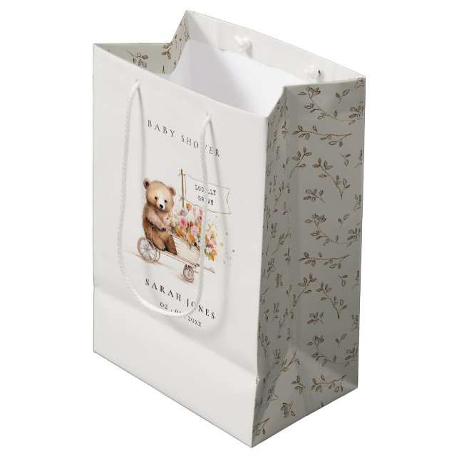Cute Locally Grown Teddy Floral Cart Baby Shower Medium Gift Bag (Front Angled)