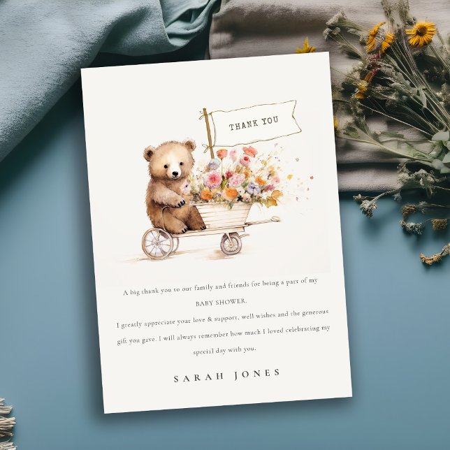 Cute Locally Grown Teddy Floral Cart Baby Shower Thank You Card (Creator Uploaded)