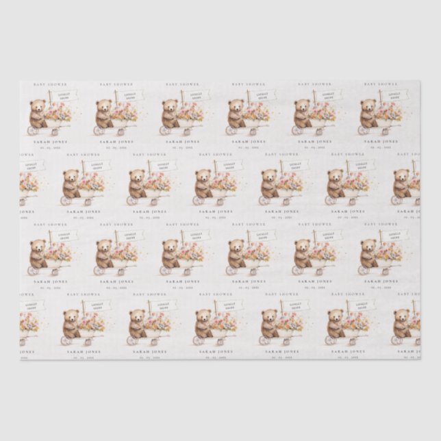 Cute Locally Grown Teddy Floral Cart Baby Shower Tissue Paper (Front)