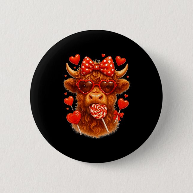 Cute Lollip Highland Cow Valentine's Day Red Heart 6 Cm Round Badge (Front)