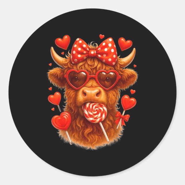 Cute Lollip Highland Cow Valentine's Day Red Heart Classic Round Sticker (Front)