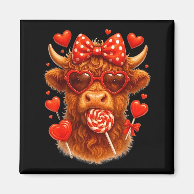 Cute Lollip Highland Cow Valentine's Day Red Heart Magnet (Front)