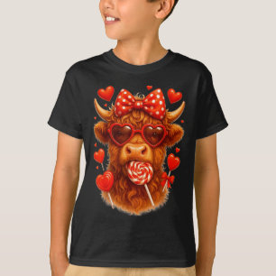 Cute Lollip Highland Cow Valentine's Day Red Heart T-Shirt