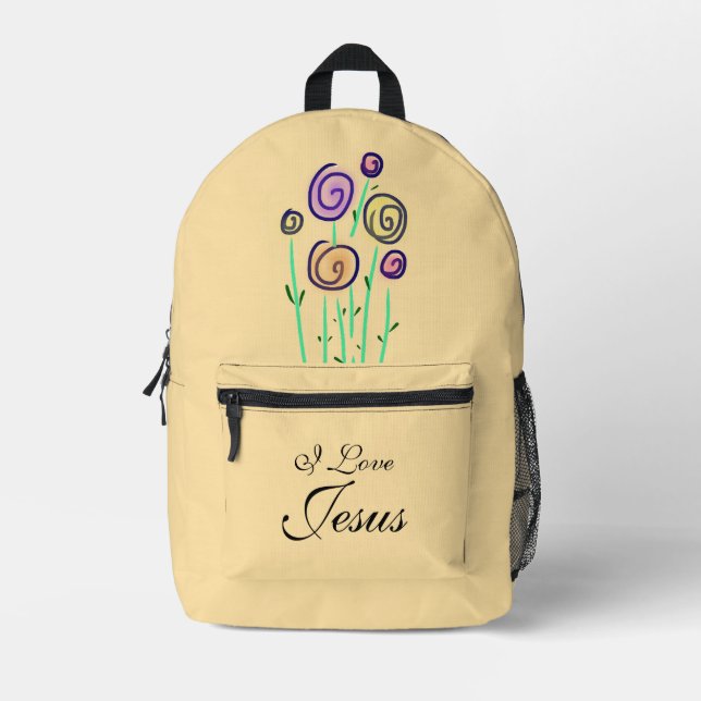 Cute Lollipop Floral I Love Jesus Yellow Printed Backpack (Front)