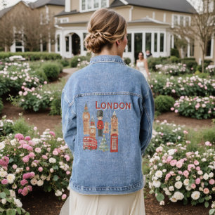 Cute London City British Guard, Big Ben & Red Bus Denim Jacket