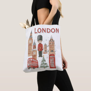 Cute London City British Guard, Big Ben & Red Bus Tote Bag