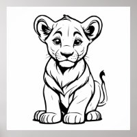 Cute Lonely White Lion Cub Line Art Drawing