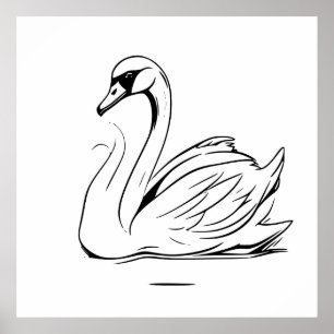 Cute Lonely White Swan Line Art Drawing Poster