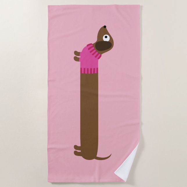 Cute Long Dachshund Illustration Beach Towel (Front)