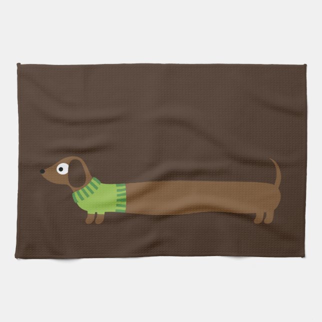 Cute Long Dachshund Illustration Tea Towel (Horizontal)