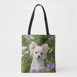 Cute long-haired cream Chihuahua Dog Puppy Shopper Tote Bag