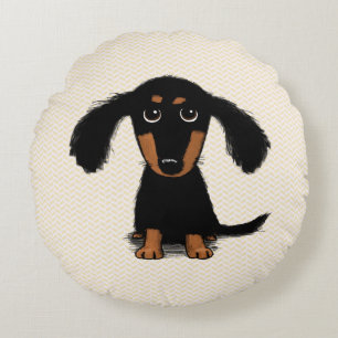 Cute Long Haired Dachshund Puppy Round Cushion