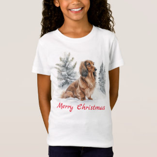 Cute Long Haired Dachshund Sausage Dog Christmas T-Shirt