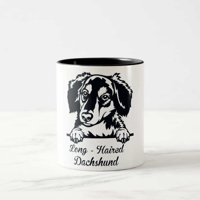 Cute Long Haired Dachshund Two-Tone Coffee Mug (Center)