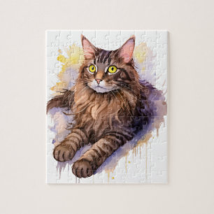 Cute Long Haired Tabby Cat Watercolor Illustration Jigsaw Puzzle