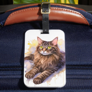 Cute Long Haired Tabby Cat Watercolor Illustration Luggage Tag