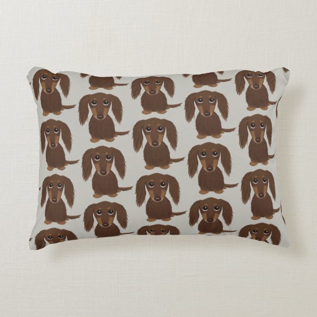 Cute Longhaired Chocolate Brown Dachshund Pattern Decorative Cushion (Front)