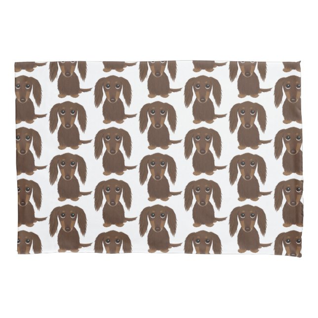 Cute Longhaired Chocolate Brown Dachshund Pattern Pillowcase (Front)
