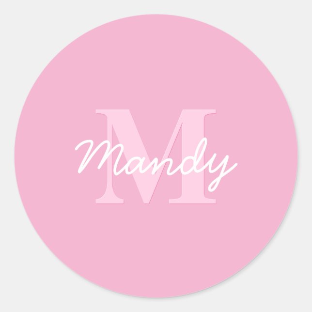 Cute Looking Cursive Name & Monogram | Pink Classic Round Sticker (Front)