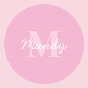 Cute Looking Cursive Name & Monogram   Pink Classic Round Sticker