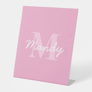 Cute Looking Cursive Name & Monogram   Pink Pedestal Sign