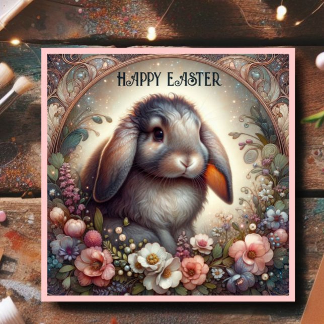 Cute Lop Eared Bunny Flowers Happy Easter  Holiday Card (Creator Uploaded)