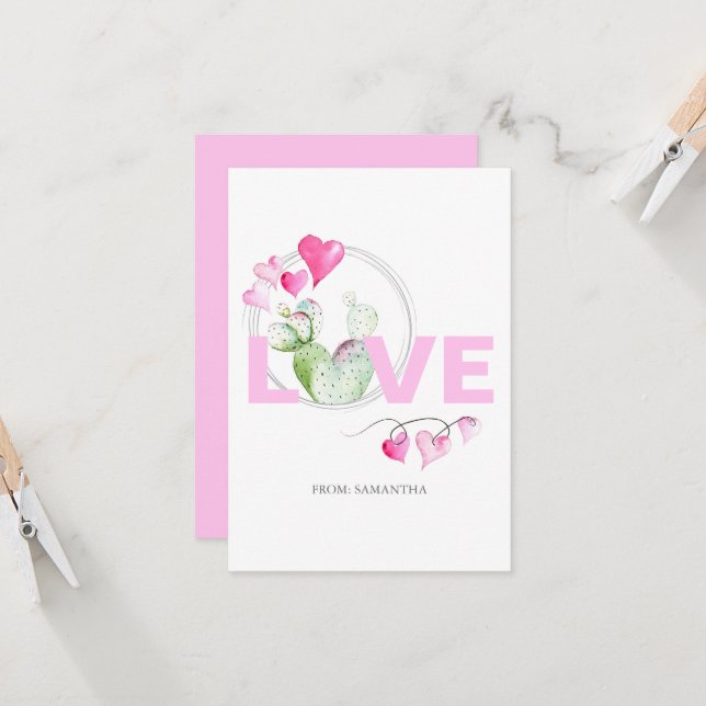 Cute Love and Cactus Kids Classroom Valentine Card (Front/Back In Situ)