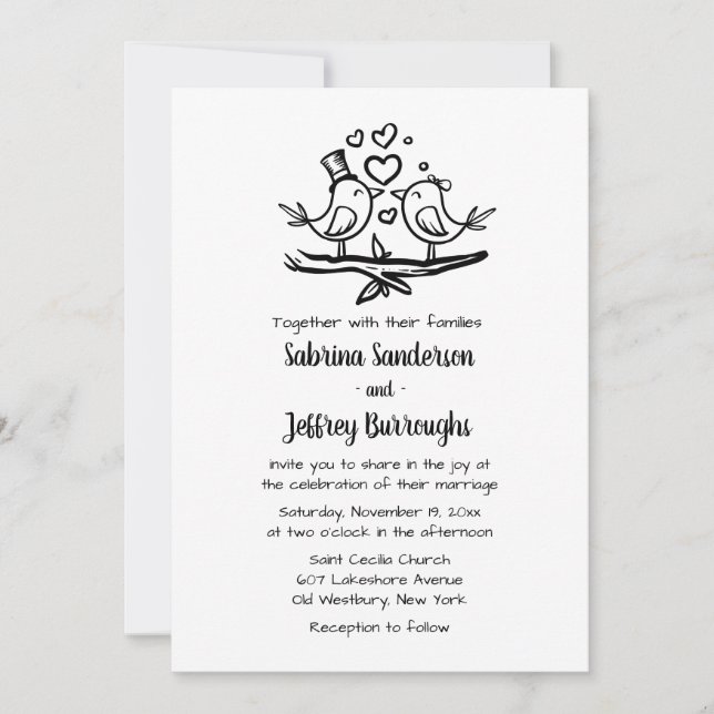 Cute Love Bird Black White Lovebirds Wedding Invitation (Front)