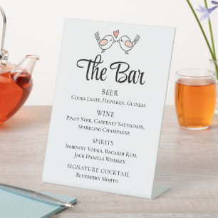 Cute Love Birds Black Pink Lovebirds Wedding Bar Pedestal Sign