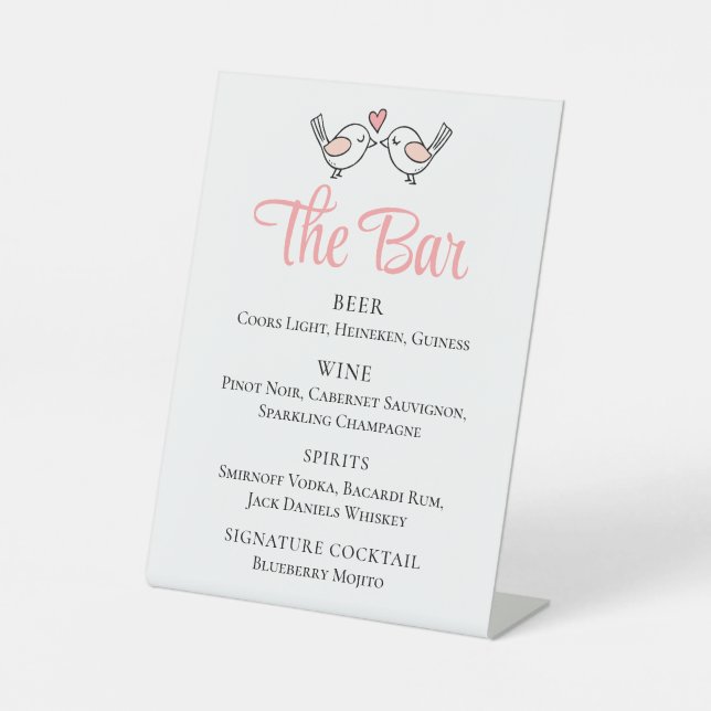Cute Love Birds Black Pink Lovebirds Wedding Bar  Pedestal Sign (Front)