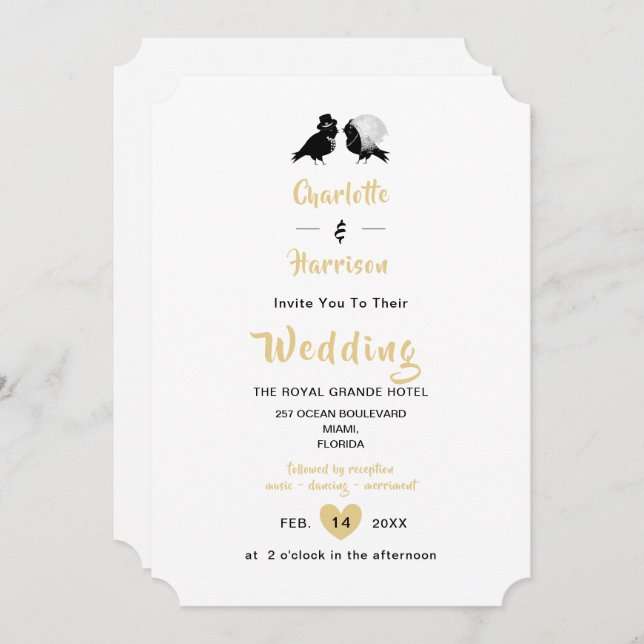 Cute Love Birds Black White Gold Wedding Invitatio Invitation (Front/Back)