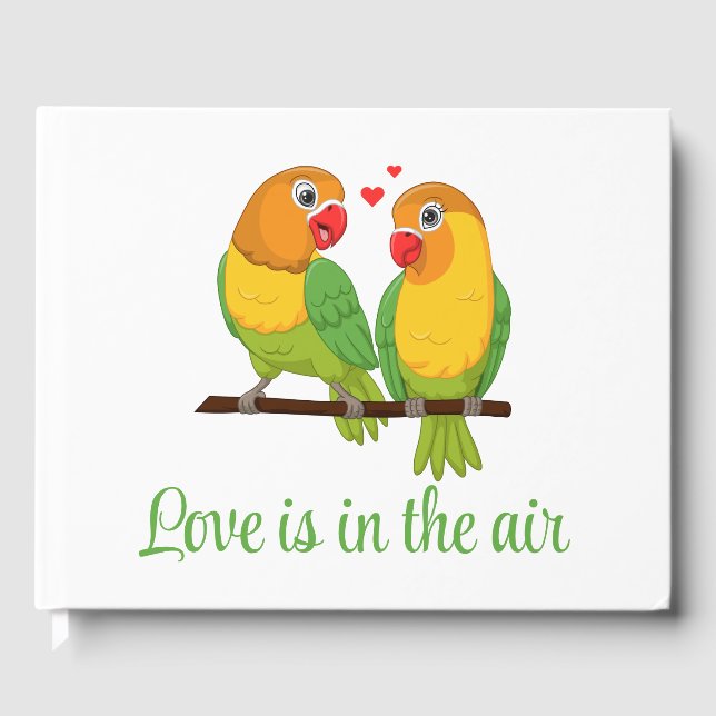 Cute Love Birds Cartoon Lovebirds Green Wedding  Guest Book (Front)