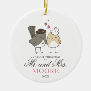 Cute Love Birds Cartoon Mr and Mrs Personalized Ceramic Tree Decoration
