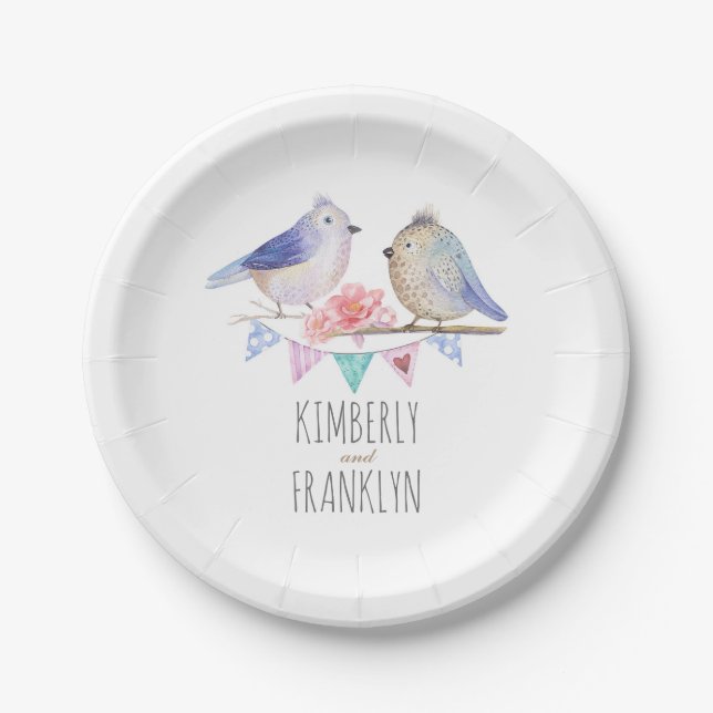 cute love birds couple rustic woodland paper plate (Front)