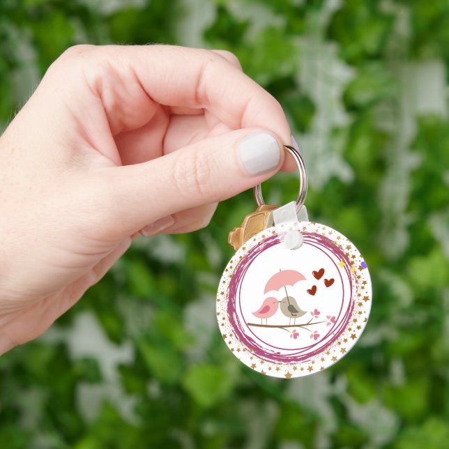Cute Love Birds Cuddling Under Umbrella Keychain (Hand)
