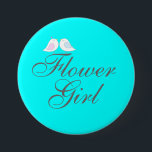 Cute love birds Flower Girl 7.5 Cm Round Badge<br><div class="desc">This button features a light teal background with two cute love birds on top of the words: Flower Girl. This button is perfect for bridal showers and wedding rehearsals. Background colour can be changed by choosing the customise it button and then edit.</div>