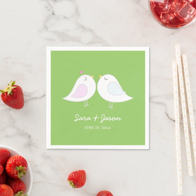 Cute Love Birds Green Wedding Napkin (Insitu)