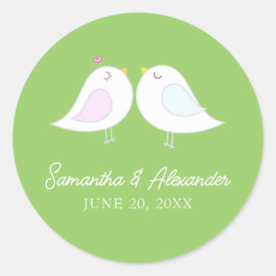 Cute love birds green wedding sticker