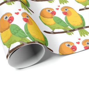 Cute Love Birds Green Yellow Lovebirds Wedding Wrapping Paper